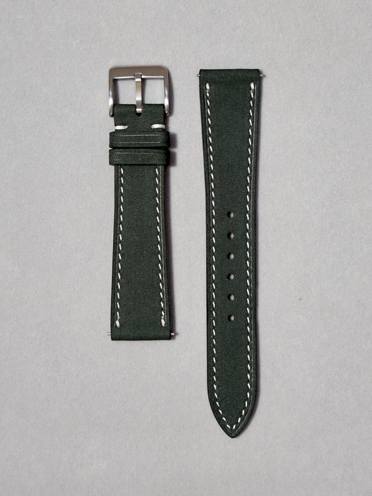 Black Nubuck Watch Strap with White Stitching, with quick release spring bar. 17-20 mm lug widths