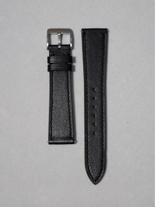 Black Smooth Calf Leather Watch Strap with quick release spring bar. 17-20 mm lug widths