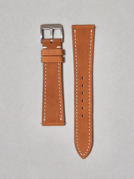 Brown Nubuck Watch Straps with White Stitching, with quick release spring bars. in 17-20 mm lug widths