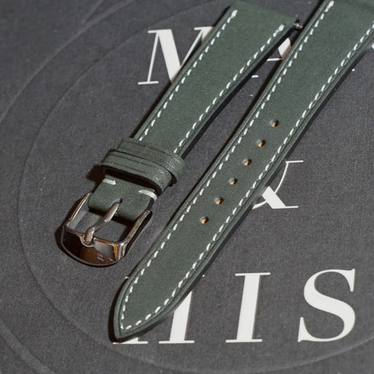Nubuck Leather - Moonstone Colour Name - Black Colour - White Stitch Stitch - Quick Release Spring Bar - 17 mm - 18 mm - 19 mm Lug Width - white stitching