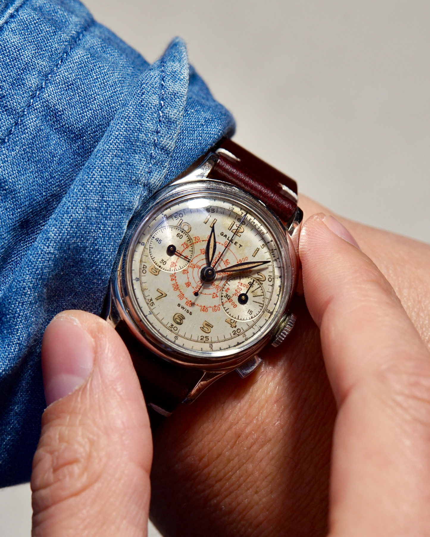 Wrist shot of Gallet Commander Snail Tachymeter EP42