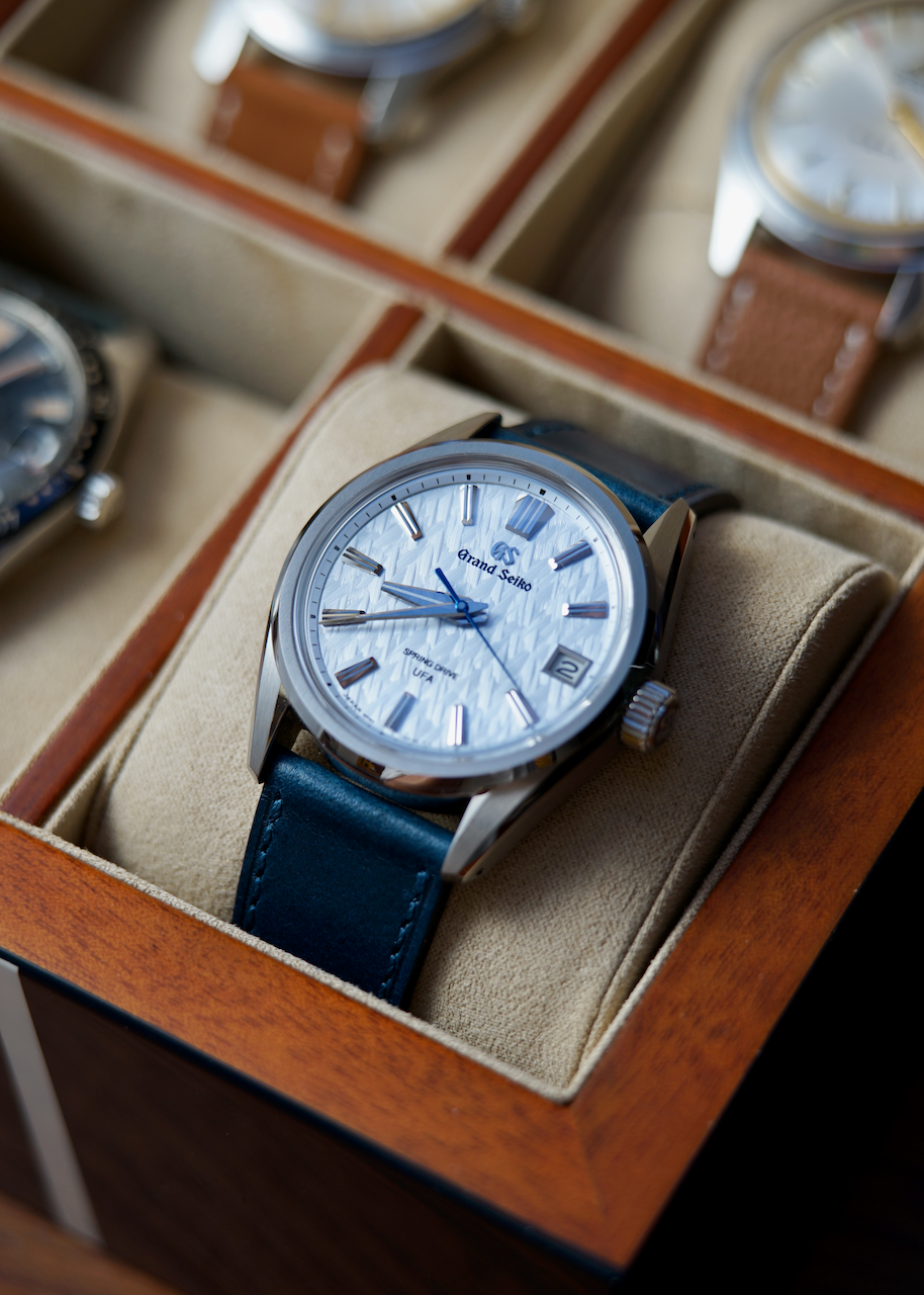 Grand Seiko UFA SLGB003 with Full Stitched Italian Buttero Watch Strap in Navy Blue in a Wooden Watch Box