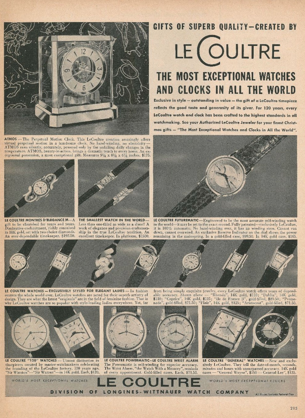 1950s LeCoultre Clocks and Watches Magazine Ad ft. Atmos