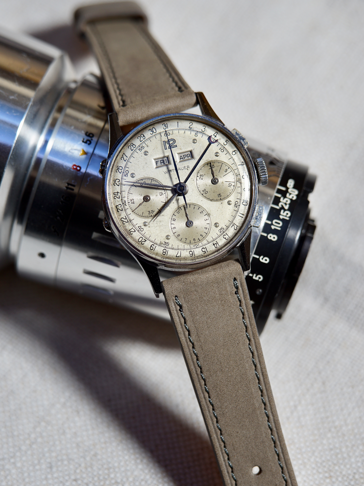 Vintage Wittnauer Triple Date Calendar Chronograph with Valjoux 72c with full stitched grey nubuck strap