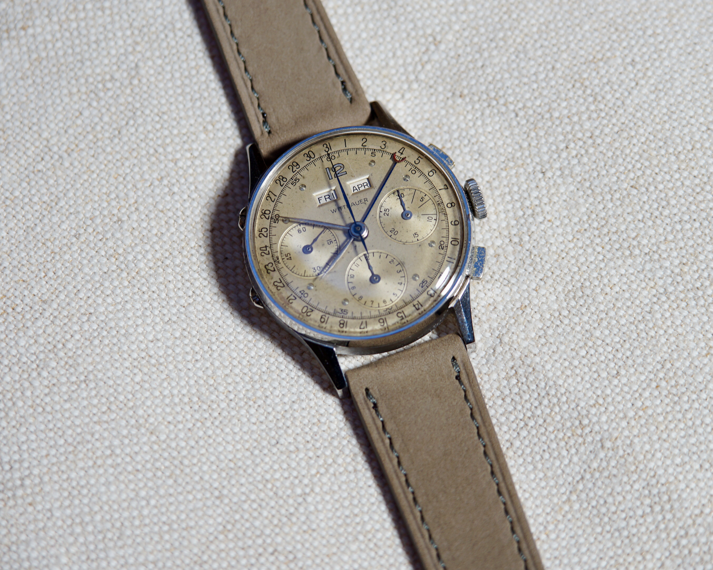 Vintage Wittnauer Triple Date Calendar Chronograph with Valjoux 72c with grey nubuck straps