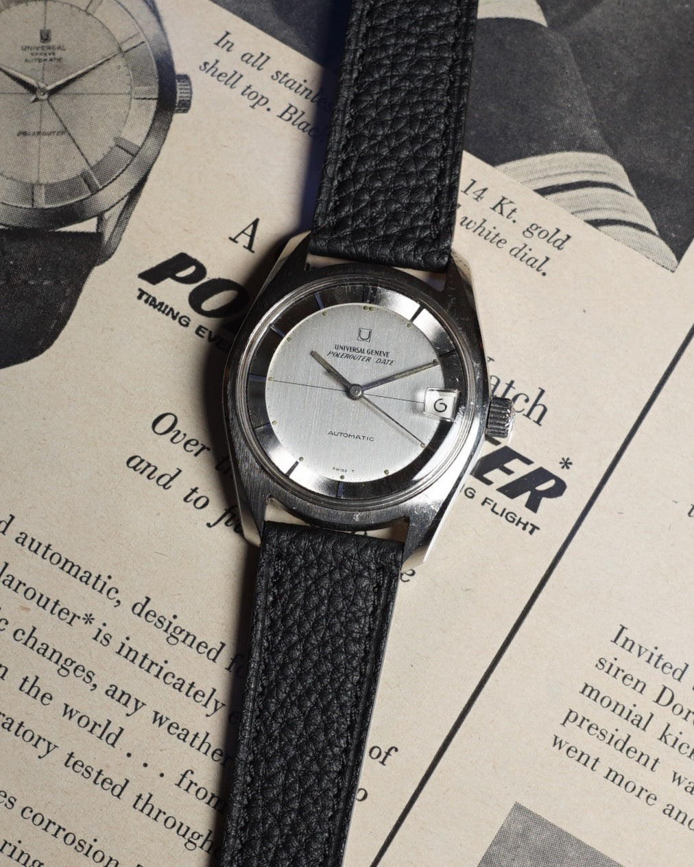 Black leather watch straps for vintage universal geneve polerouter date