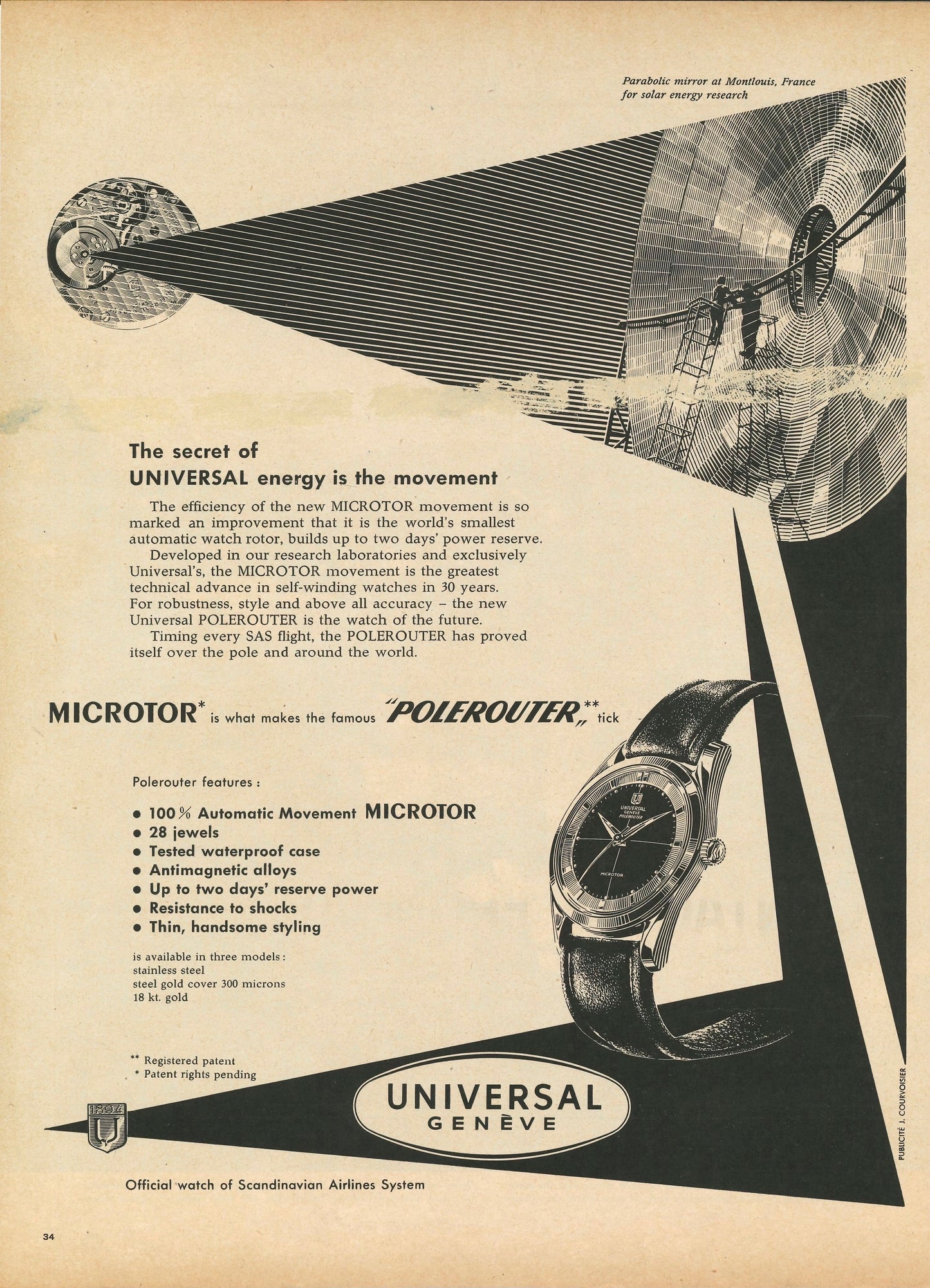 1958 Universal Geneve Microtor Polerouter Advertisement, "MICROTOR is what makes the famous POLEROUTER tick"