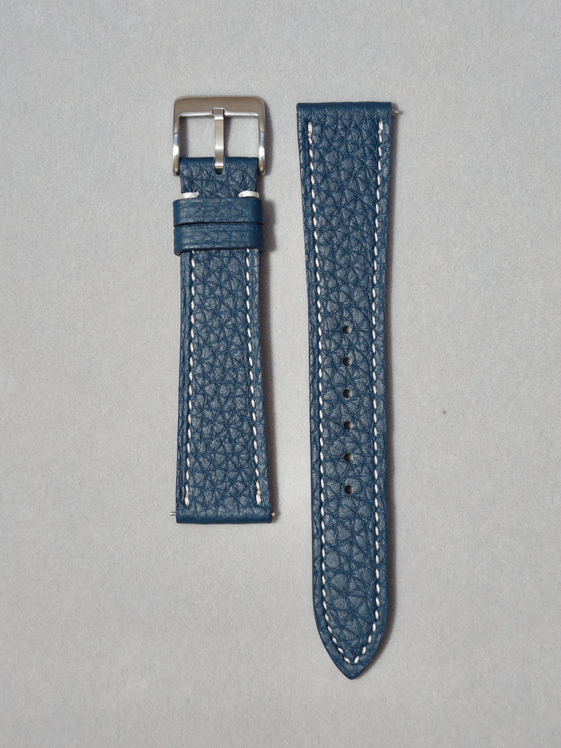 Blue Togo Leather Watch Strap with White Stitching, with quick release spring bar. in 17-20mm lug widths