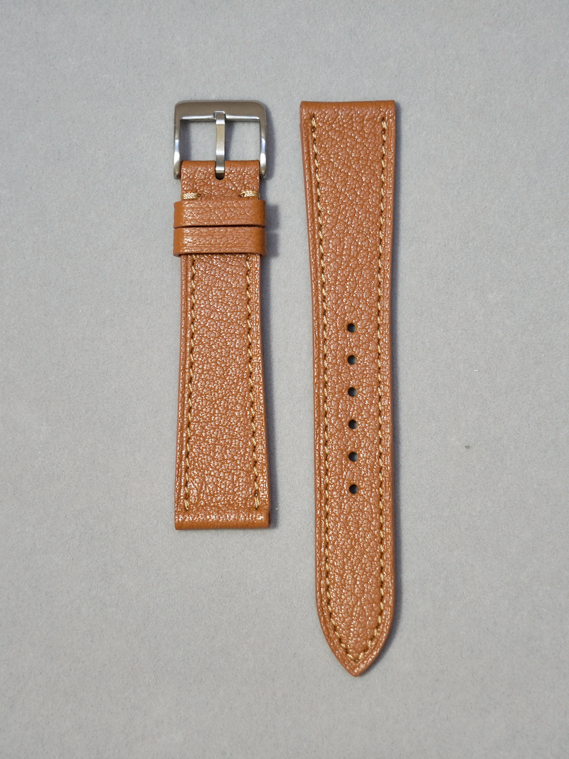 Handcrafted Brown Alran leather watch strap in 17-20mm lug widths. Leather sourced from France Alran S.A.S. Brushed buckle in silver or gold. Quick-release spring bar for easy installation.