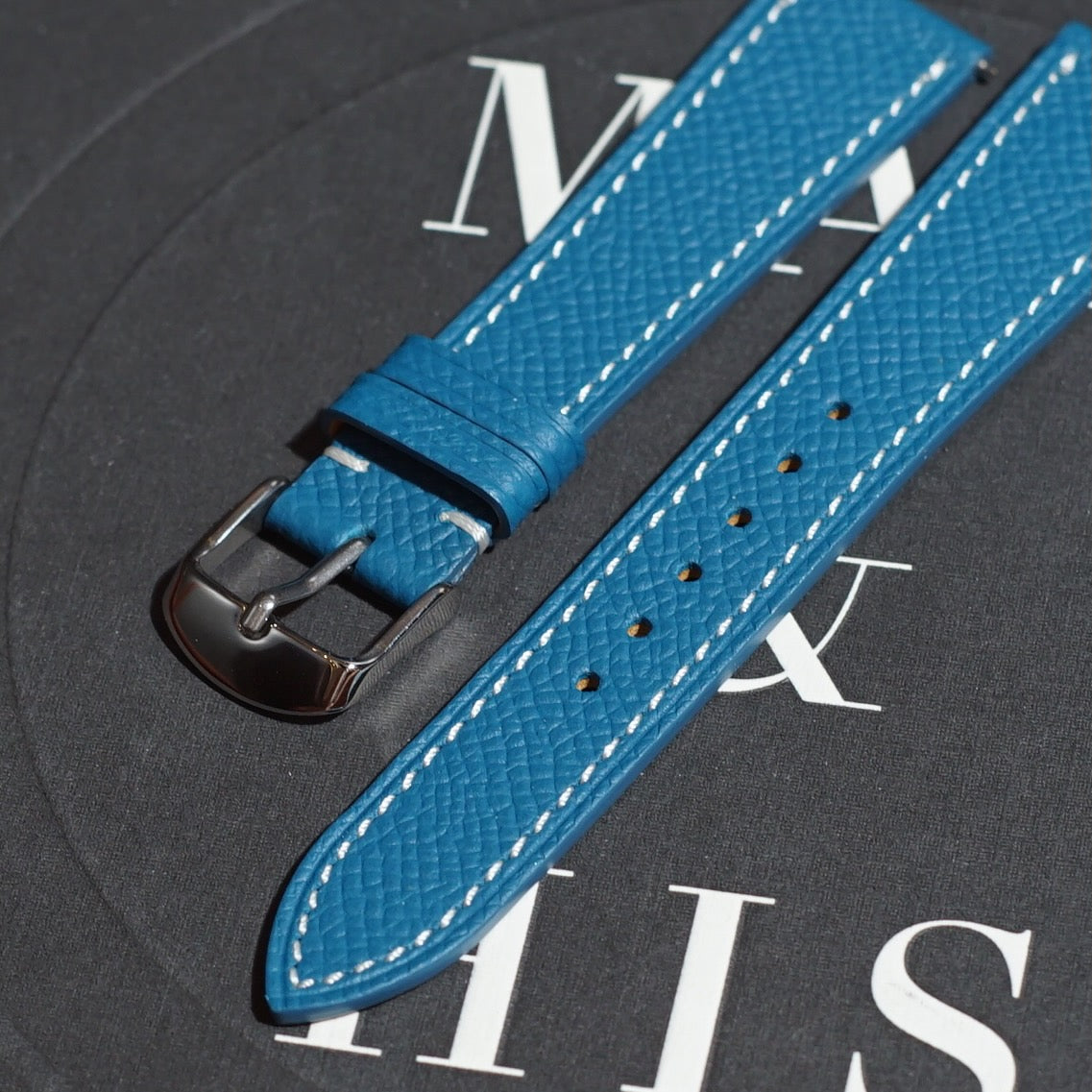 Epsom Leather - Azulene Colour Name - Blue Colour - White Stitch Stitch - Quick Release Spring Bar - 17 mm - 18 mm - 19 mm Lug Width