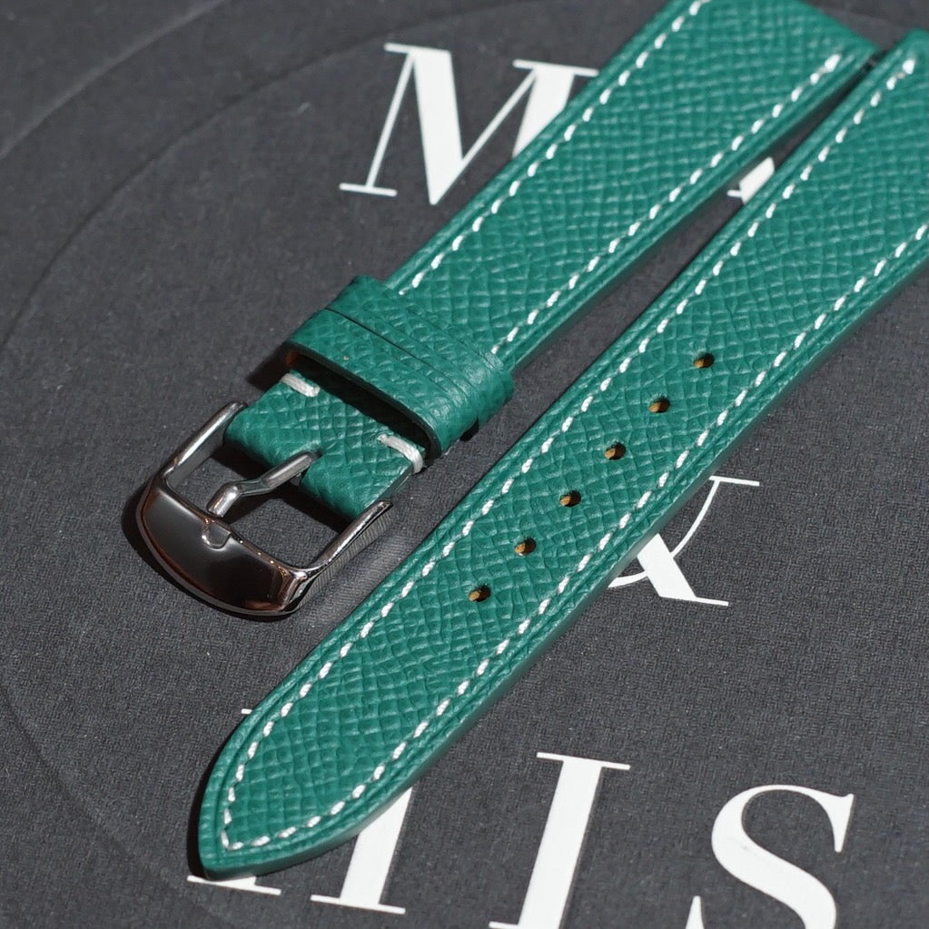 Epsom Leather - Emerald Colour Name - Dark Green Colour - White Stitch Stitch - Quick Release Spring Bar - 17 mm - 18 mm - 19 mm Lug Width