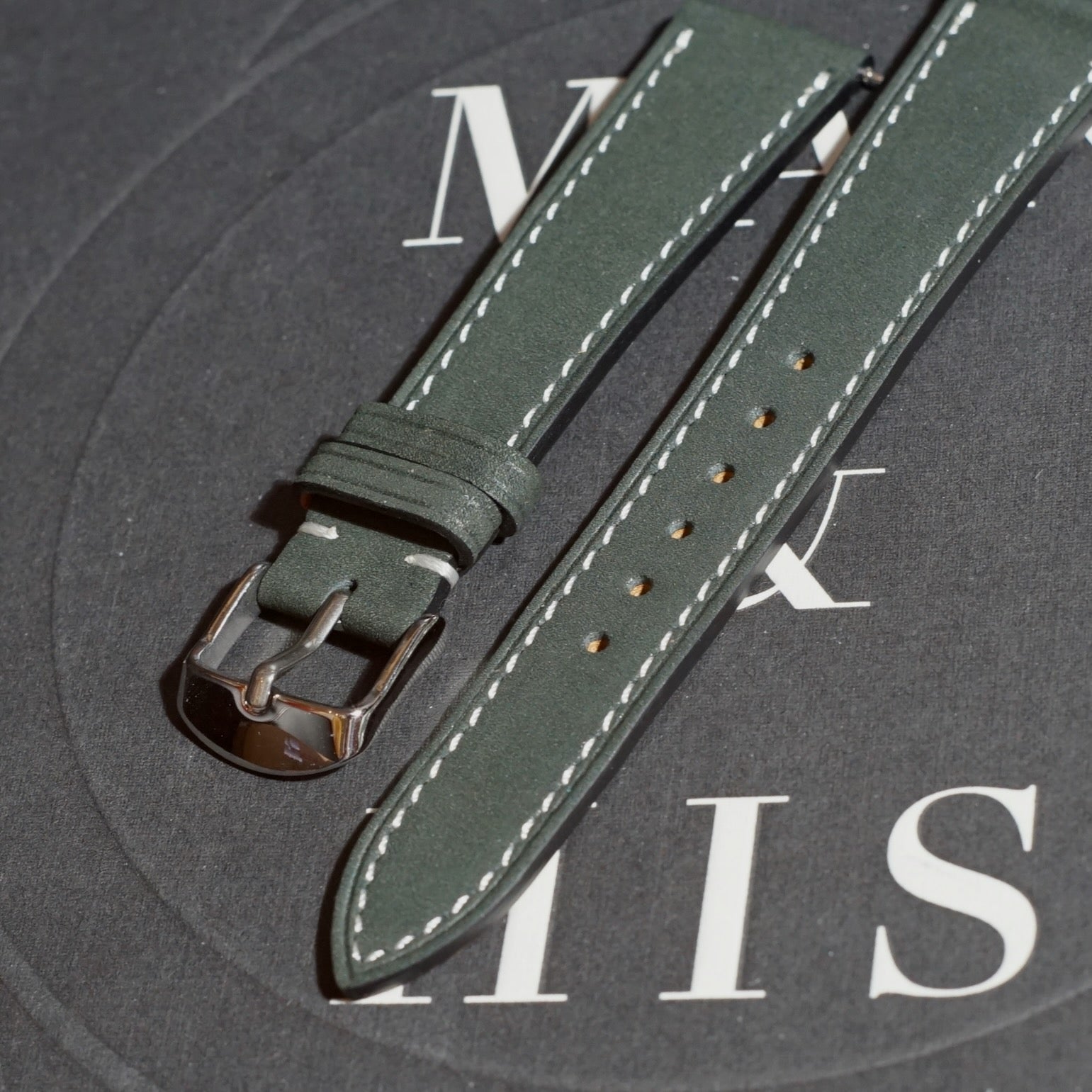 Nubuck Leather - Moonstone Colour Name - Black Colour - White Stitch Stitch - Quick Release Spring Bar - 17 mm - 18 mm - 19 mm Lug Width - white stitching