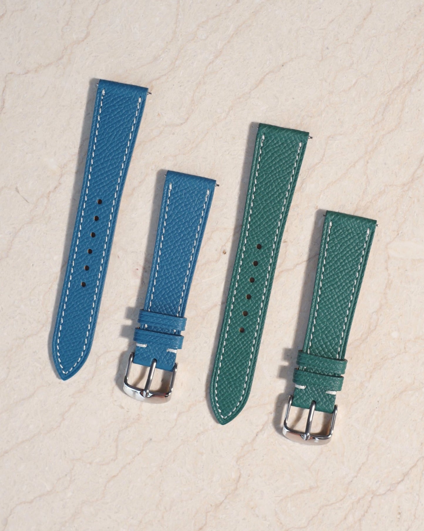 Epsom Leather - Azulene Colour Name - Blue Colour - White Stitch Stitch - Quick Release Spring Bar - 17 mm - 18 mm - 19 mm Lug Width