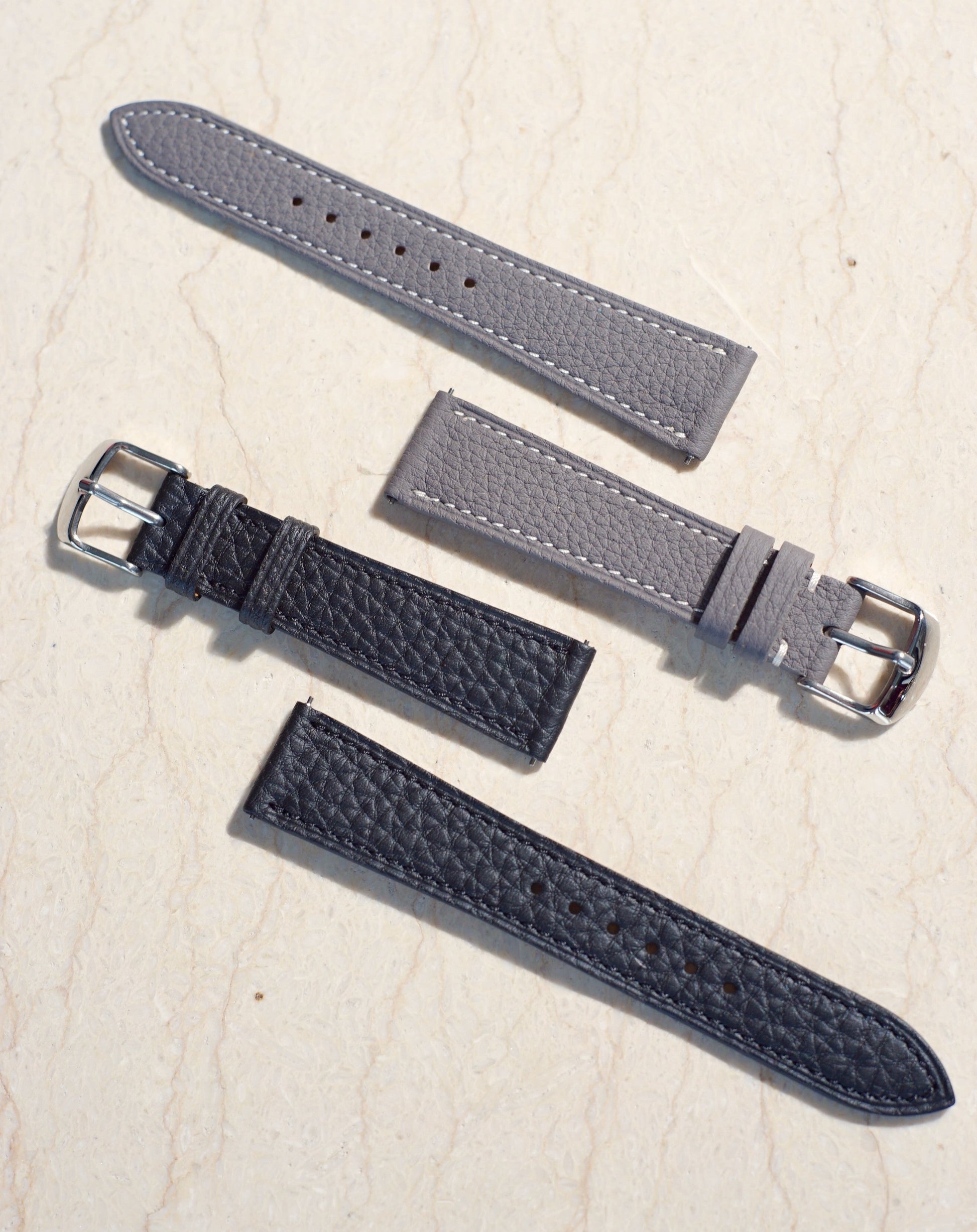 Togo Leather - Pebble Colour Name - Elephant Grey Colour - White Stitch Stitch - Quick Release Spring Bar - 17 mm - 18 mm - 19 mm Lug Width