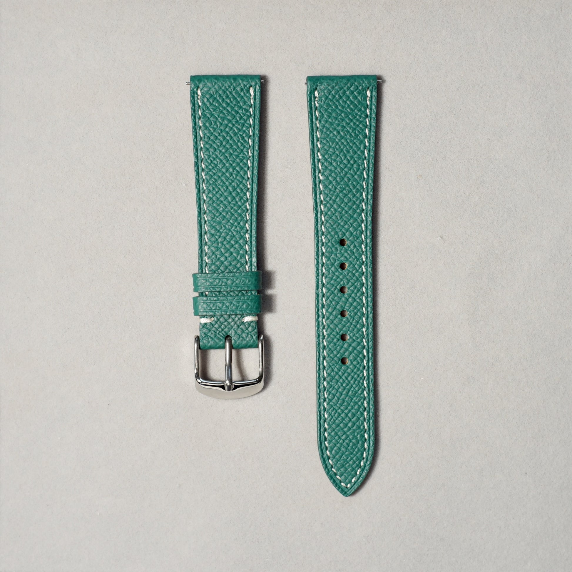 Epsom Leather - Emerald Colour Name - Dark Green Colour - White Stitch Stitch - Quick Release Spring Bar - 17 mm - 18 mm - 19 mm Lug Width