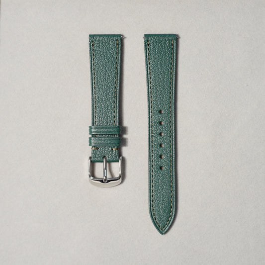 Handcrafted Dark Green Alran leather watch strap in 17-20mm lug widths. Leather sourced from France Alran S.A.S. Brushed buckle in silver or gold. Quick-release spring bar for easy installation.