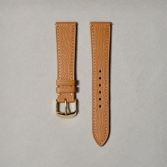 Handcrafted Brown Alran leather watch strap in 17-20mm lug widths. Leather sourced from France Alran S.A.S. Brushed buckle in silver or gold. Quick-release spring bar for easy installation.