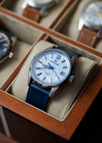 Grand Seiko UFA SLGB003 with Full Stitched Italian Buttero Watch Strap in Navy Blue in a Wooden Watch Box