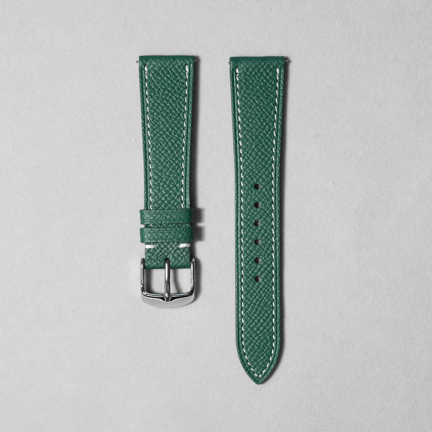 Handcrafted Epsom Leather Watch Strap in Green with White Stitching. Paired with Quick Release Spring Bar. Available in 17-20mm lug widths. 