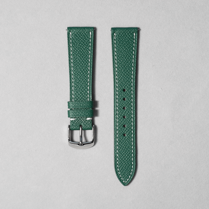 Handcrafted Epsom Leather Watch Strap in Green with White Stitching. Paired with Quick Release Spring Bar. Available in 17-20mm lug widths. 