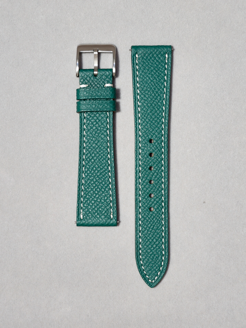 Handcrafted Epsom Leather Watch Strap in Green with White Stitching. Paired with Quick Release Spring Bar. Available in 17-20mm lug widths. 