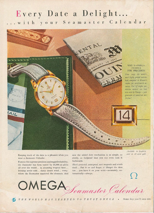 1950s Omega 18K Gold Seamaster Calendar Advertisement