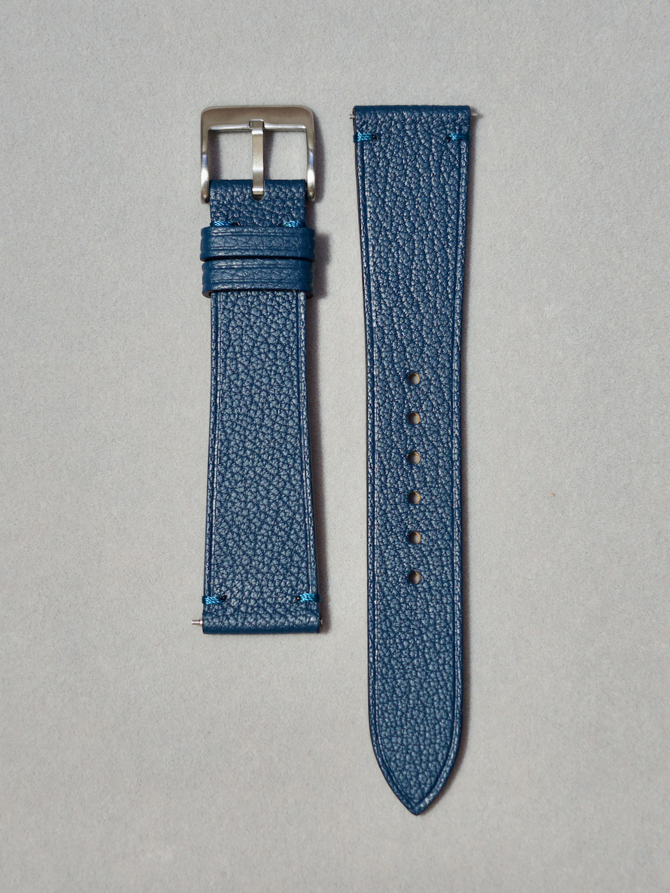 Blue Two Stitched Alran Watch Strap in Blue with brushed buckle 