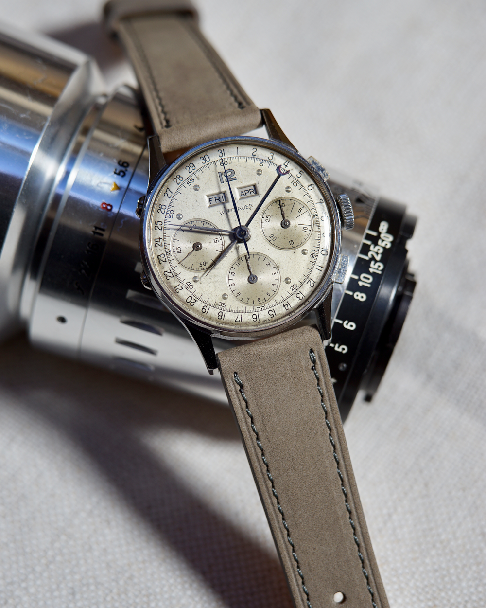Vintage Wittnauer Triple Date Calendar Chronograph with Valjoux 72c with full stitched grey nubuck strap