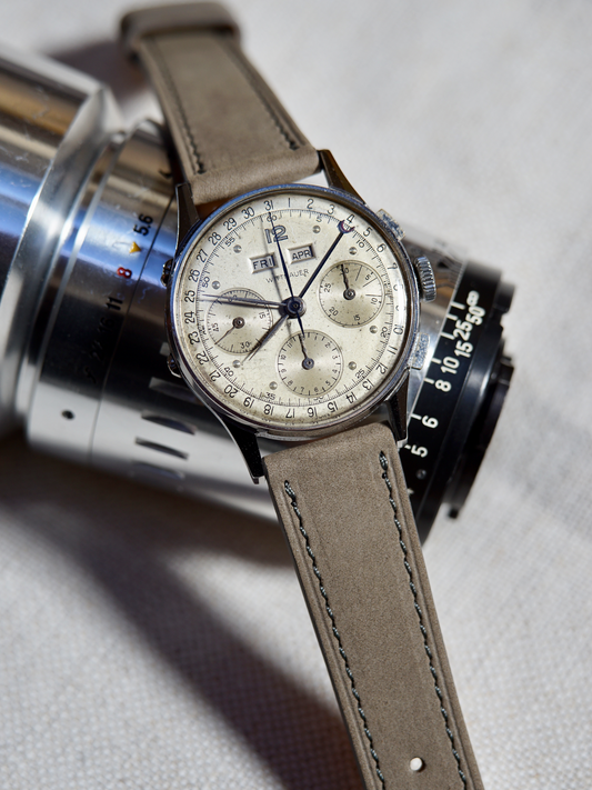 Vintage Wittnauer Triple Date Calendar Chronograph with Valjoux 72c with full stitched grey nubuck strap