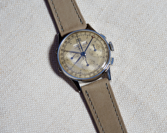 Vintage Wittnauer Triple Date Calendar Chronograph with Valjoux 72c with grey nubuck straps