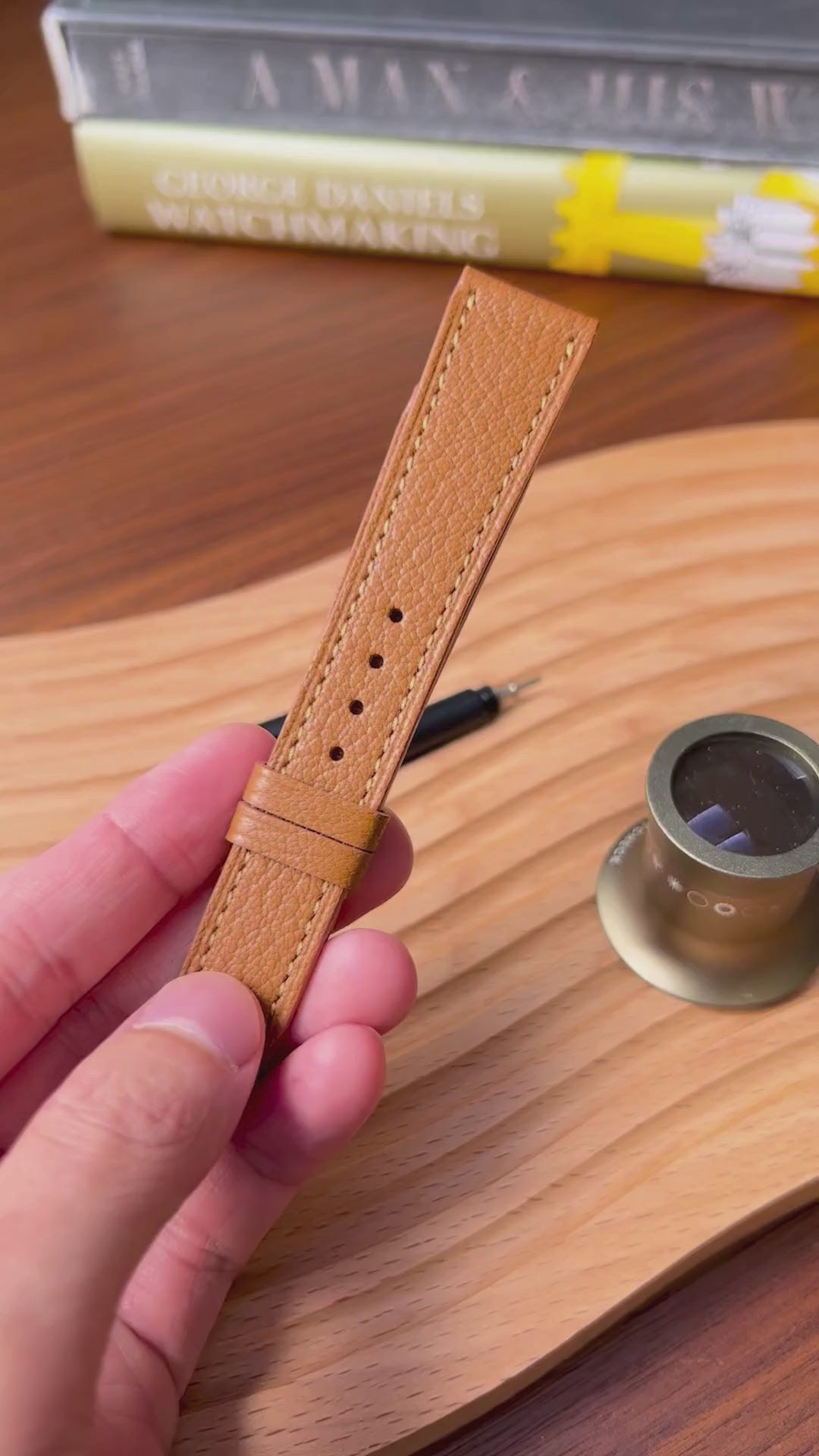 A video showing alran watch straps in brown colour